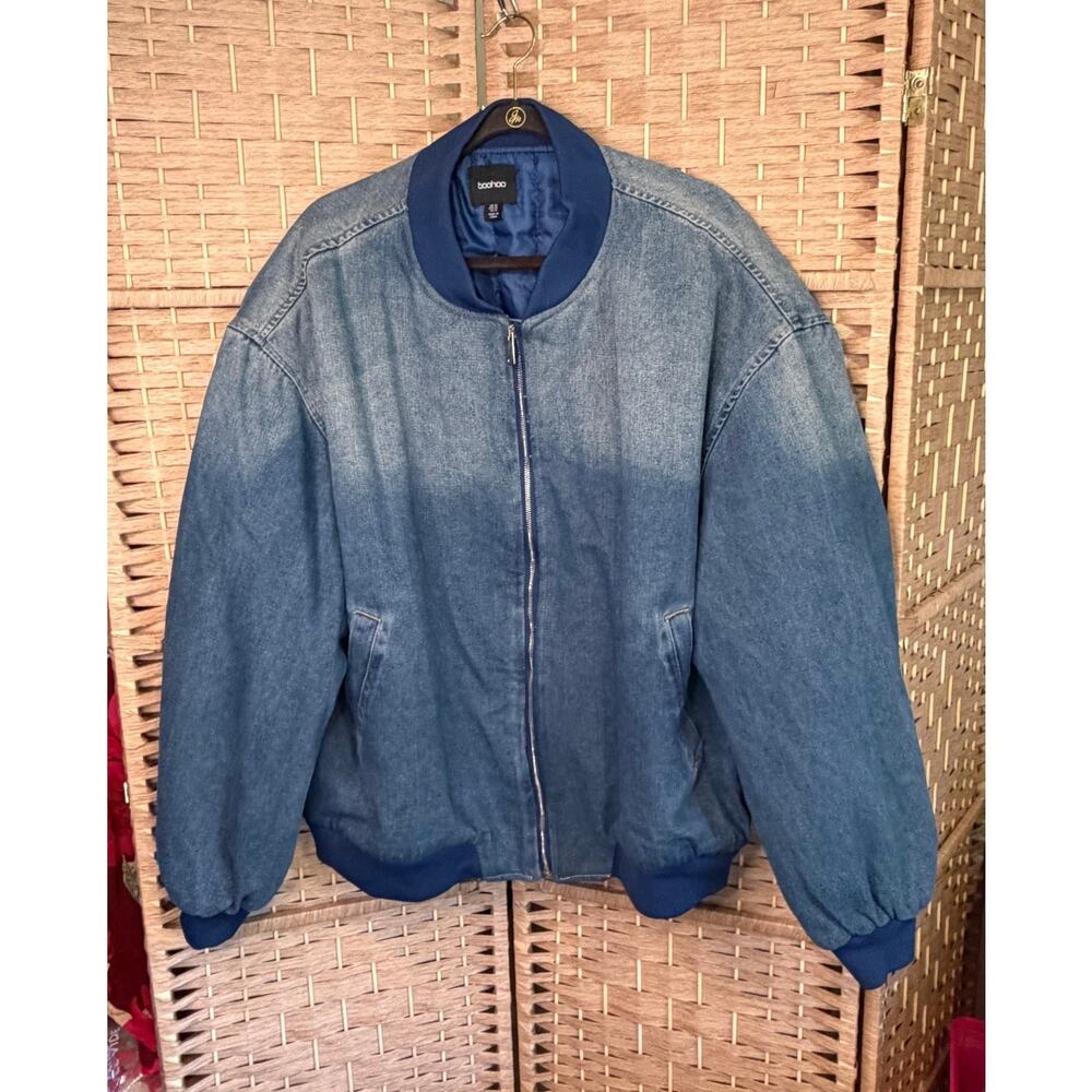boohoo Women's Blue Denim Bomber Relaxed Fit Jacket, Size 14
